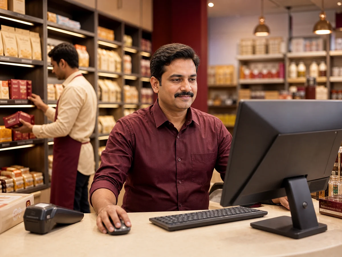 Retail business owner reviewing billing and stock